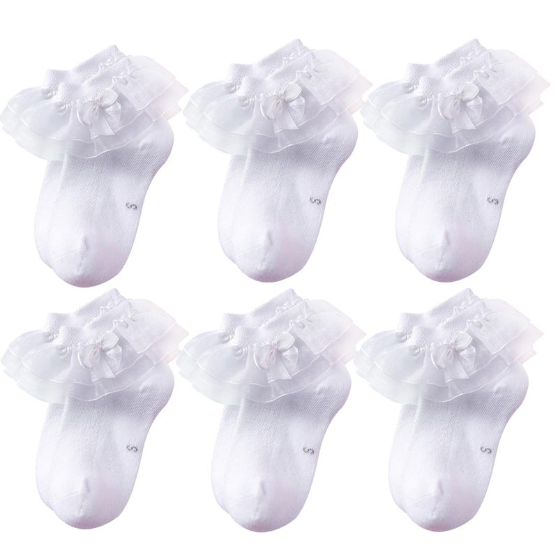 Looching Baby Toddlers Girls White Cotton Princess Ruffles Lace Frilly Dress Ankle Socks with Bowknot 1-8T Pack of 6(White, 6-8Years) - Image 1